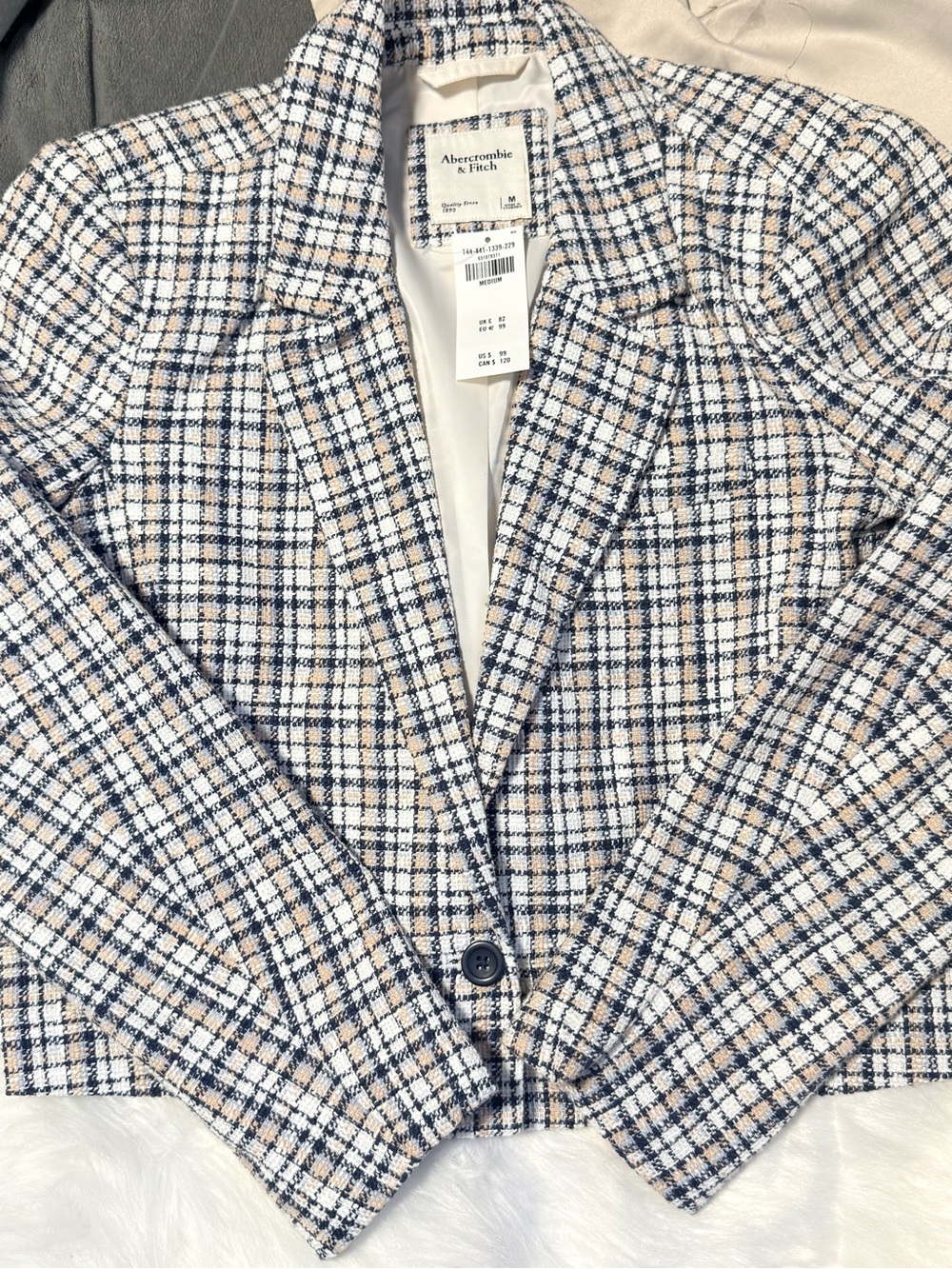 Abercrombie & Fitch Navy, Cream and Tan Plaid Tweed Blazer